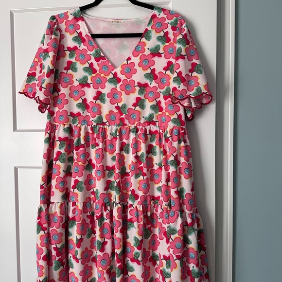 JODIFL Dresses & Skirts - JODIFL Pink Floral Mini Dress with Green Leaves and Blue Centers